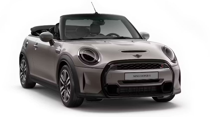 silver Mini Cooper S convertible car front view on white background