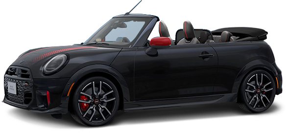 black convertible sports car with red accents and alloy wheels viewed from the front side