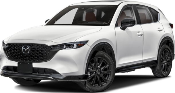 white Mazda SUV with black grille and black wheels viewed from front side angle on white background