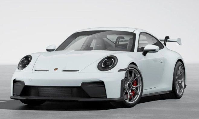 white Porsche 911 sports car with aerodynamic design and rear spoiler on a plain surface
