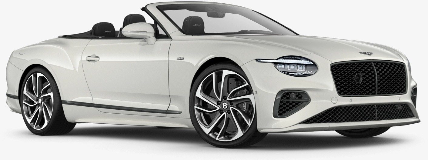 White Bentley convertible car viewed from the front side showing detailed grille, sleek headlights, and stylish alloy wheels