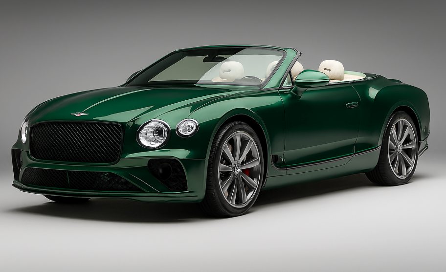 green luxury convertible sports car with white leather interior shown from front side view on plain background