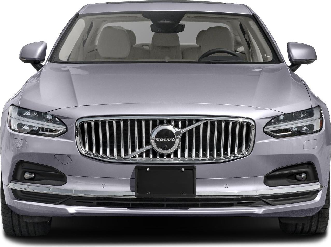 Front view of a silver Volvo car showing the grille, headlights, and side mirrors with a clear windshield revealing the interior seats and steering wheel