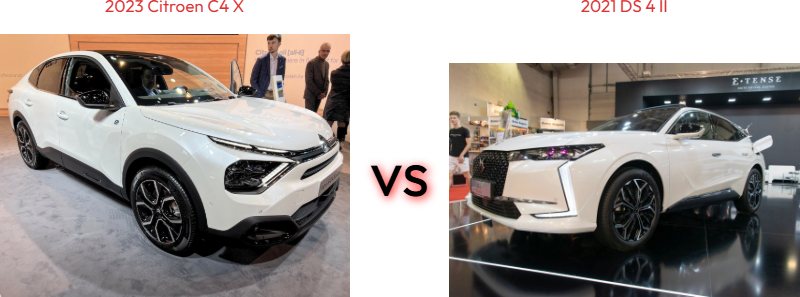 Side-by-side comparison of two white cars displayed indoors, with a 2023 Citroen C4 X on the left and a 2021 DS 4 II on the right, showcasing the vehicles' front and side profiles for a car dimension comparison