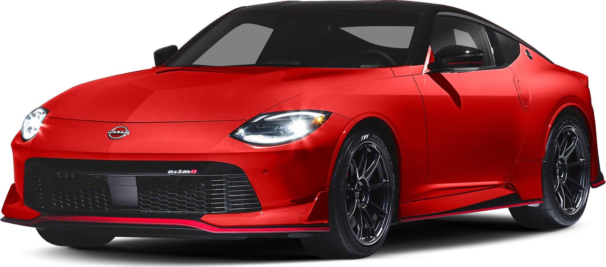 red Nissan sports car front three quarter view with black roof and alloy wheels on white background