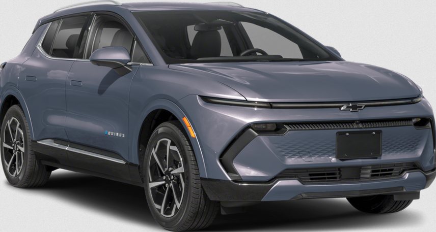 front and side view of a modern gray Chevrolet electric SUV with sleek design and aerodynamic features