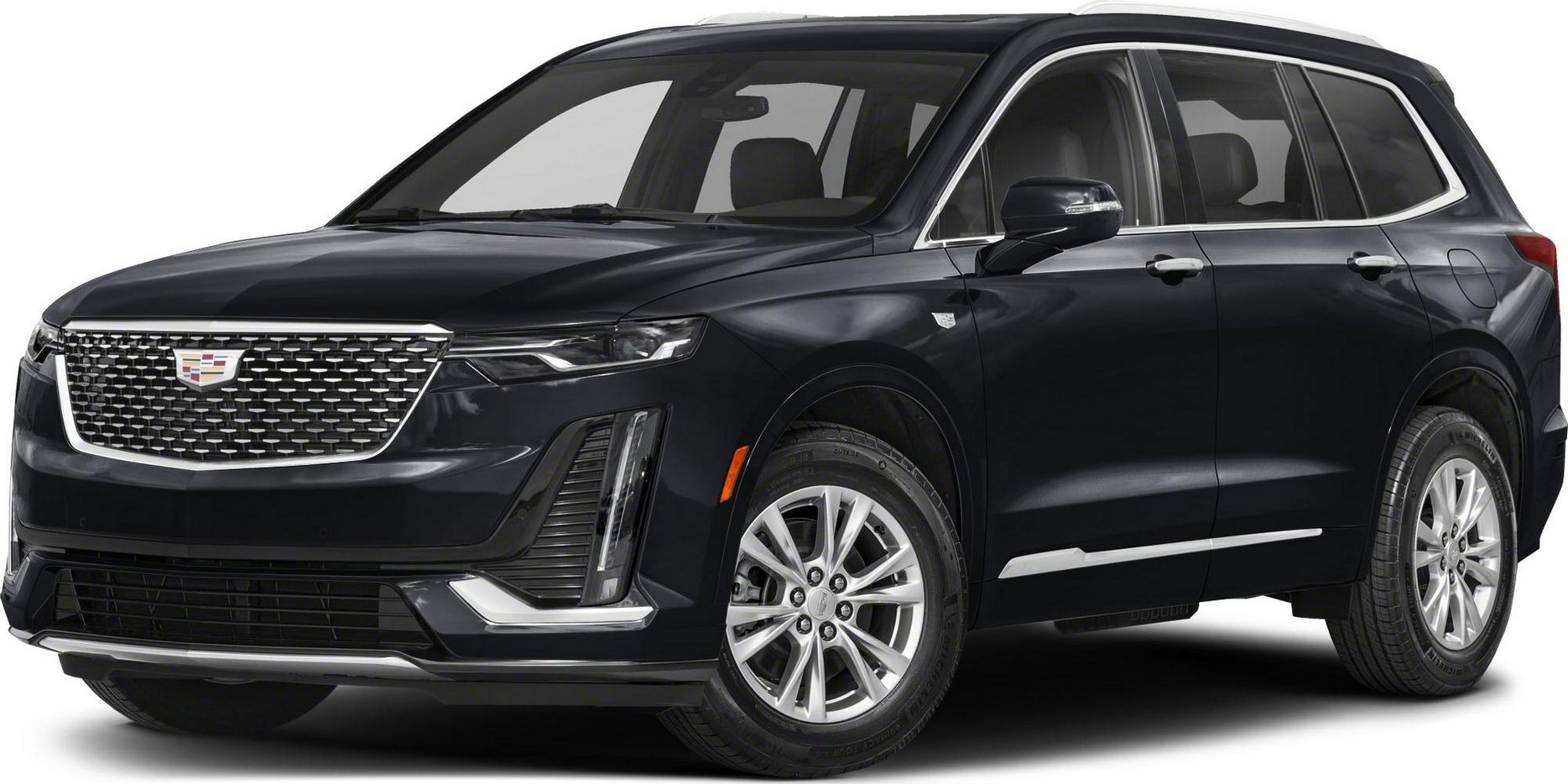 black Cadillac SUV shown at a three-quarter front angle with detailed grille and modern design features