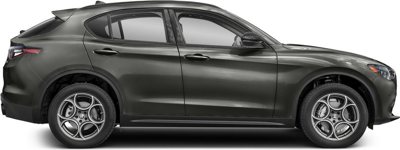 side view of a dark gray compact luxury SUV with distinct alloy wheels and sleek design on a white background