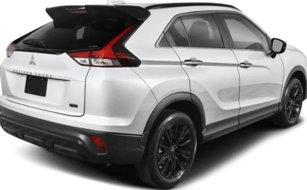 Rear and side view of a white Mitsubishi Eclipse Cross compact SUV with black alloy wheels isolated on white background