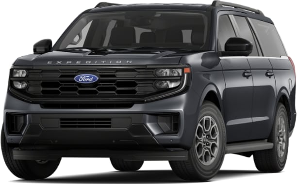 front view of a dark gray Ford Expedition SUV with a bold grille and modern headlights