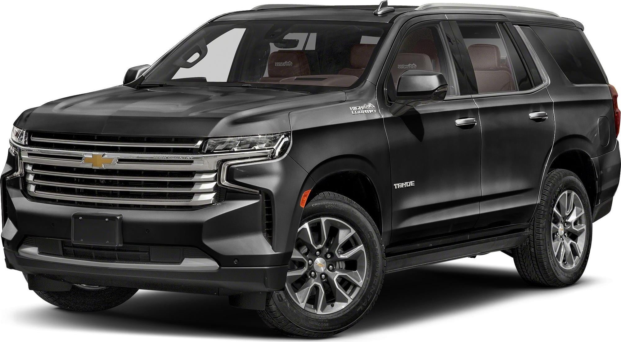 front side view of a black Chevrolet Tahoe SUV with chrome grille and alloy wheels on a white background