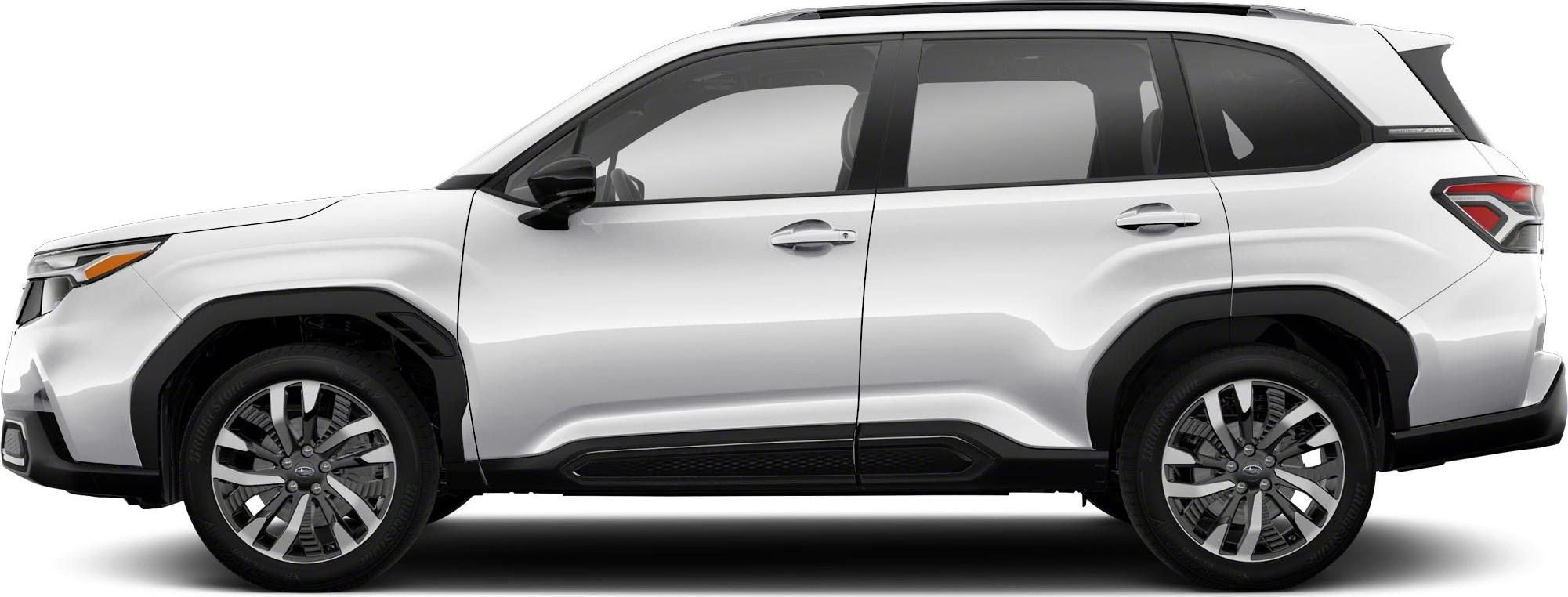 side profile view of a white modern SUV with black trim and alloy wheels on a white background