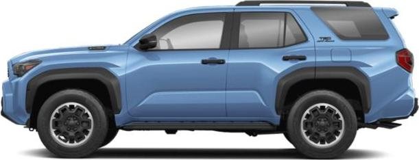 Side view of a blue mid-size SUV with black fender flares and roof rails, showing detailed vehicle dimensions for comparison