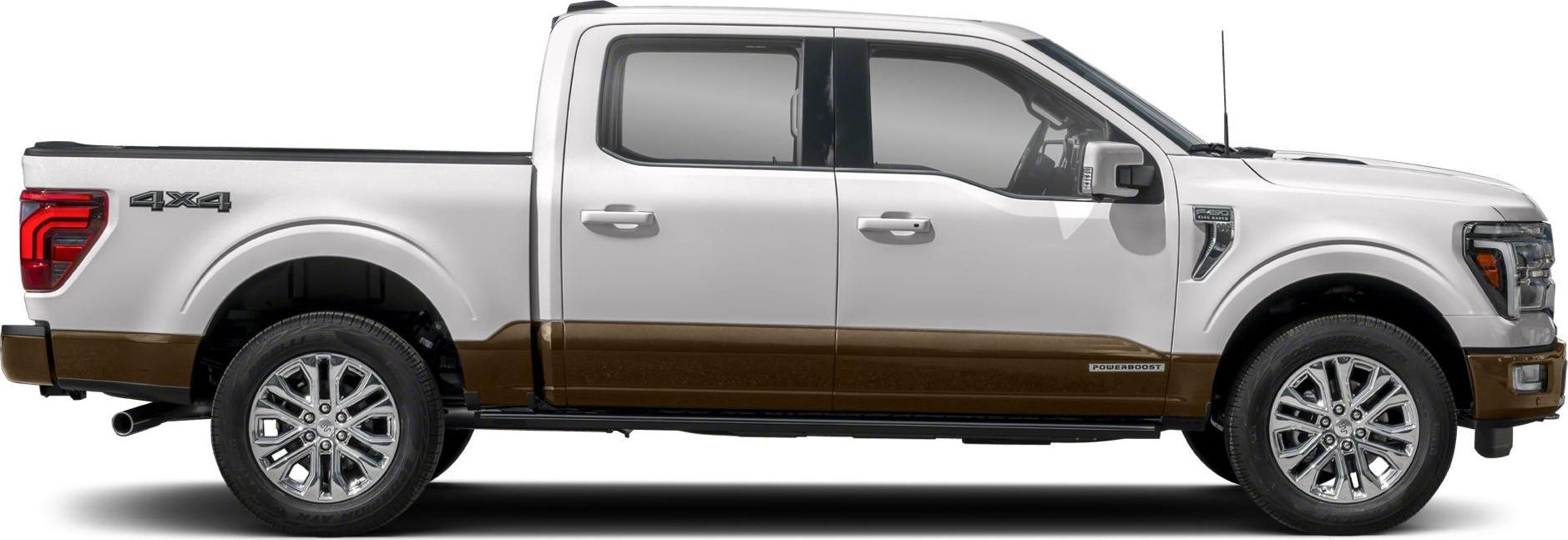 side view of a white and brown 4x4 full-size pickup truck with crew cab and chrome wheels