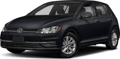 black Volkswagen Golf hatchback car side and front view on white background