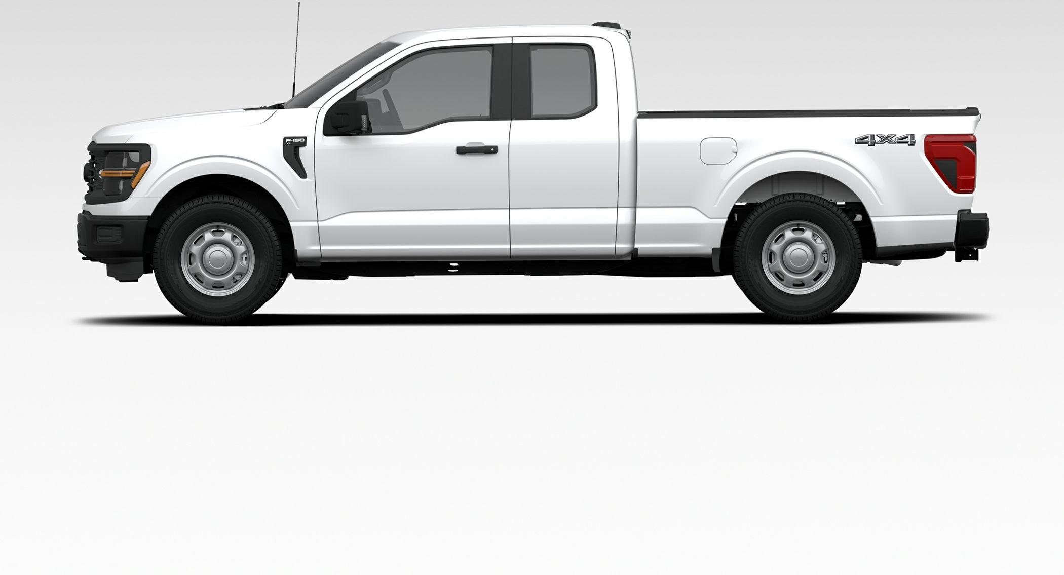 Side view of a white extended cab pickup truck with 4x4 drive, showing two doors, black side mirrors, steel wheels, and a long cargo bed