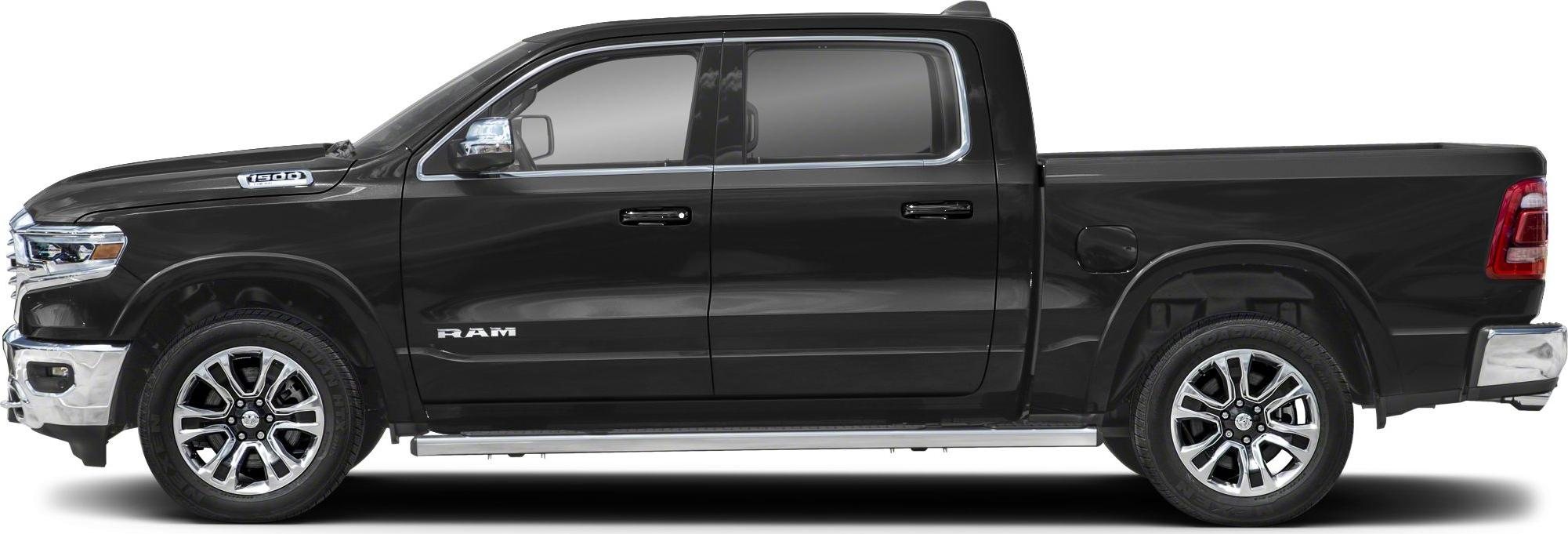 side view of a black RAM 1500 crew cab pickup truck with chrome accents and alloy wheels isolated on white background