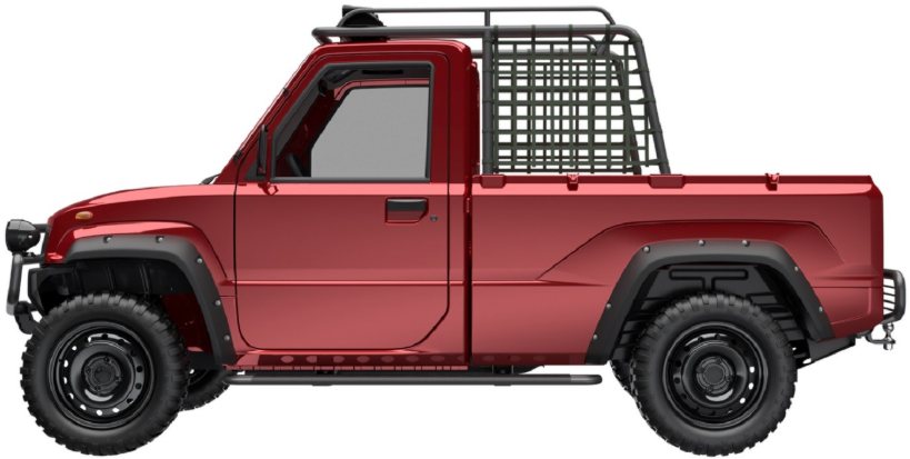 Side view of a red off-road pickup truck with large tires and a metal roof rack over the cargo bed