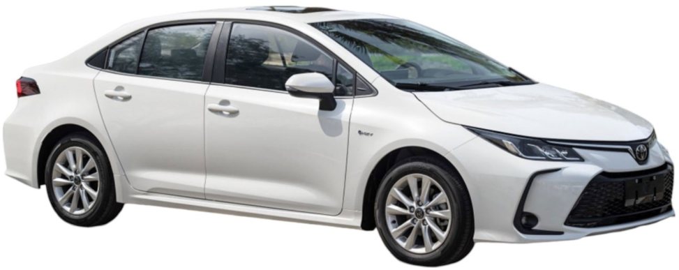 white modern sedan car viewed from the front side angle showing the left profile against a transparent background