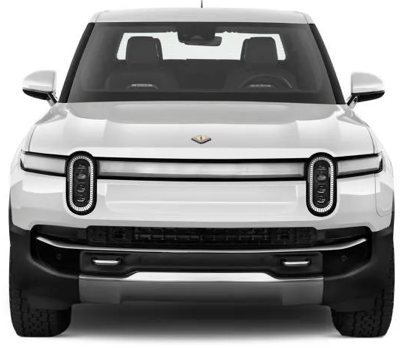 Front view of a white electric SUV showcasing its modern design with horizontal LED headlights and a minimalist grille