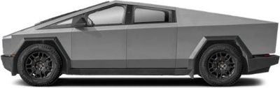 side view of a futuristic angular gray electric pickup truck with large black wheels