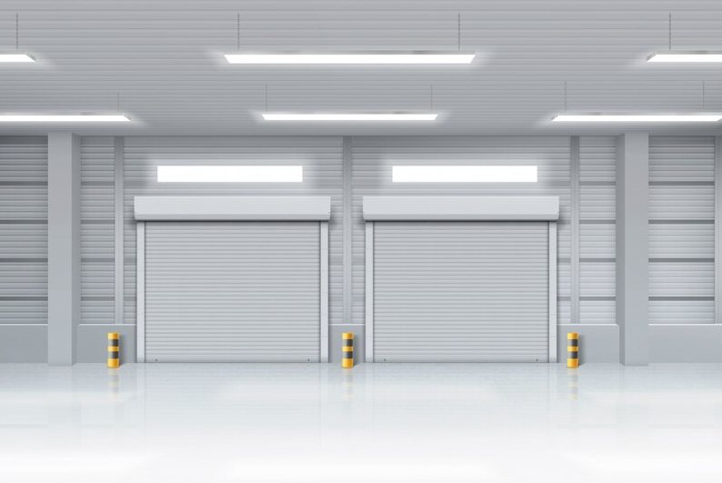 empty modern industrial garage with two closed gray rolling shutter doors and bright overhead lighting