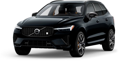 Black Volvo SUV viewed from the front-left angle showing the grille, headlights, and wheels on a white background