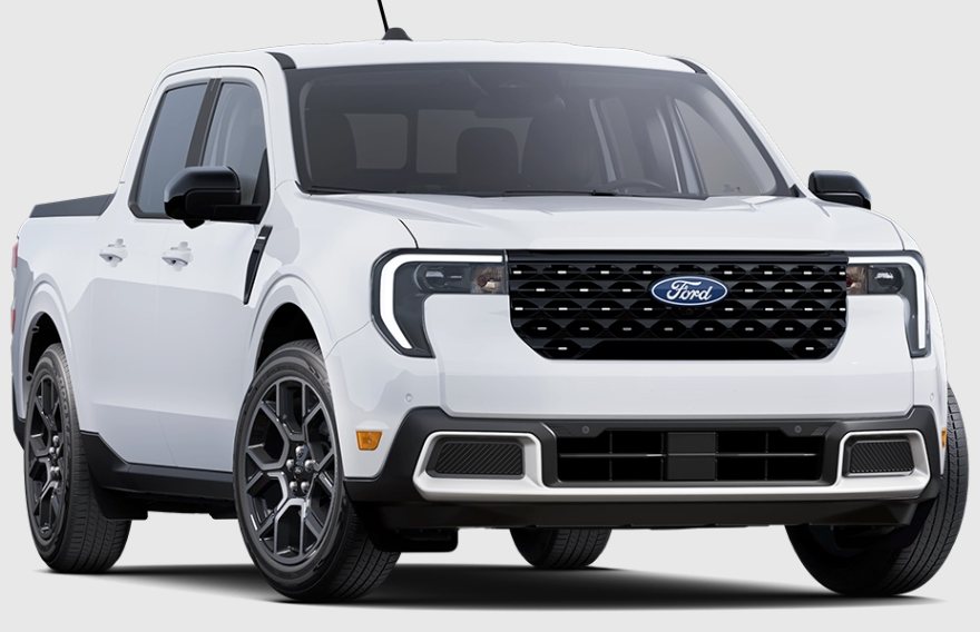 white Ford electric pickup truck front view with black grille and distinctive headlights on a white background