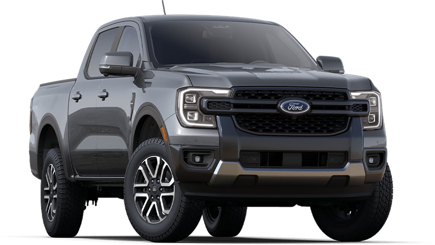 front and side view of a gray Ford pickup truck with modern headlights and alloy wheels on a white background