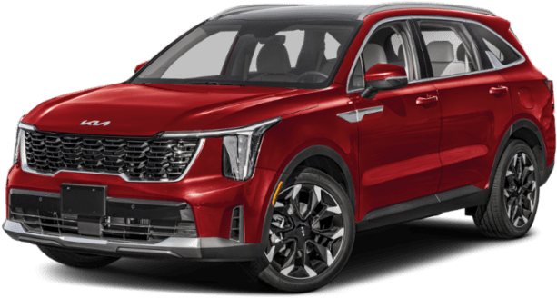 red modern Kia SUV car angled front view showing grille, headlights, and wheels