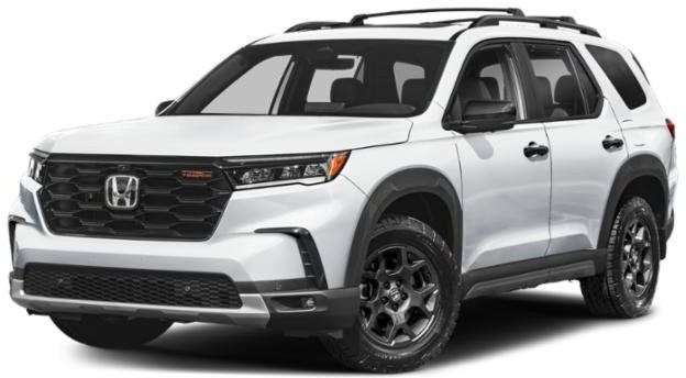 front side view of a white Honda SUV with black roof rails and black wheel rims isolated on white background