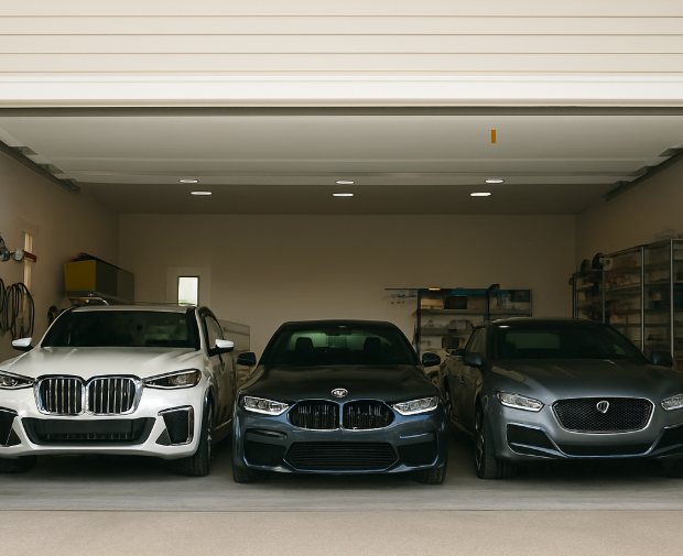 three luxury cars parked side by side inside a residential garage with white walls and overhead lighting
