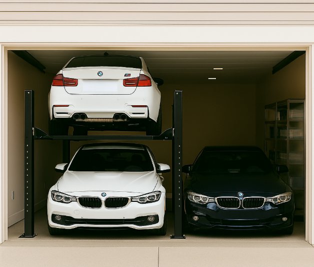Three BMW cars parked in a garage with one white car lifted on a hydraulic car lift above a white car, next to a black BMW car on the garage floor