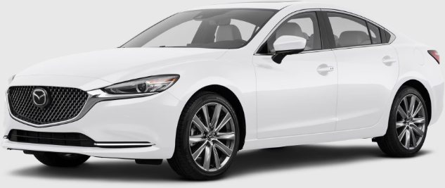 white Mazda sedan car angled front view with modern headlights and alloy wheels