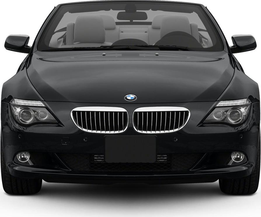 Front view of a black convertible with kidney grille and modern headlights