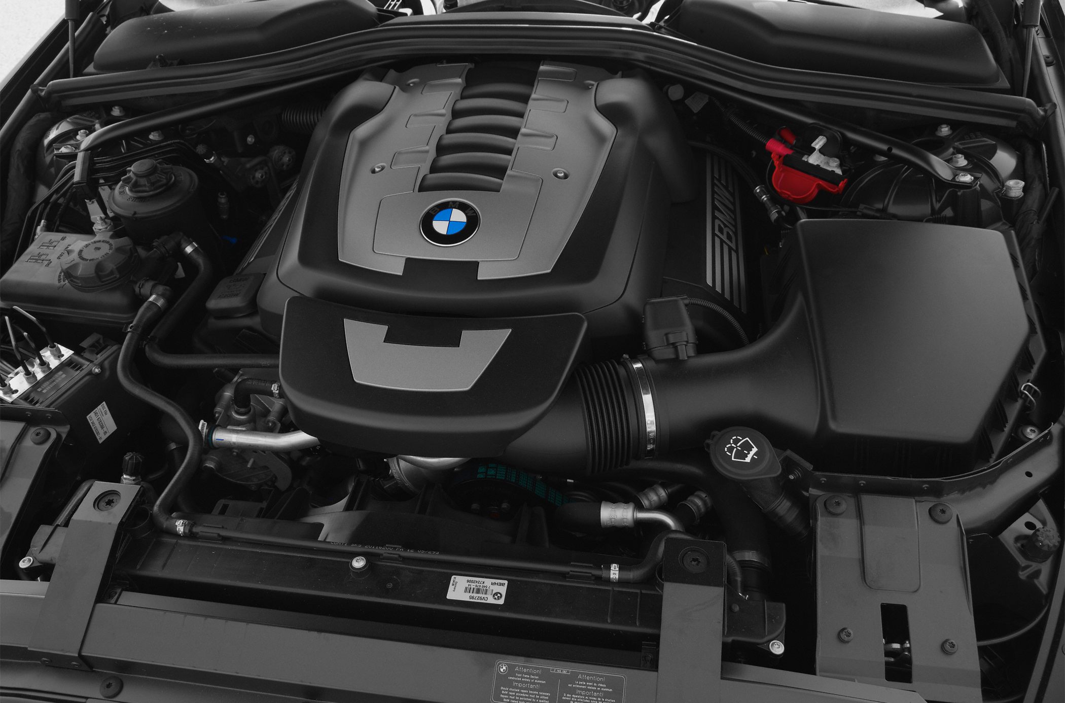 Close-up of BMW engine bay with detailed engine components