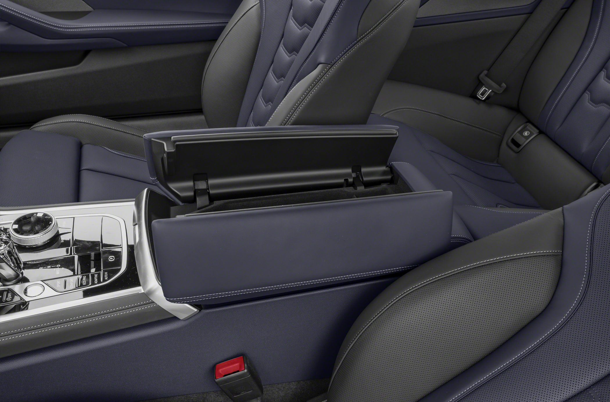 Leather armrest storage compartment and center console with control buttons