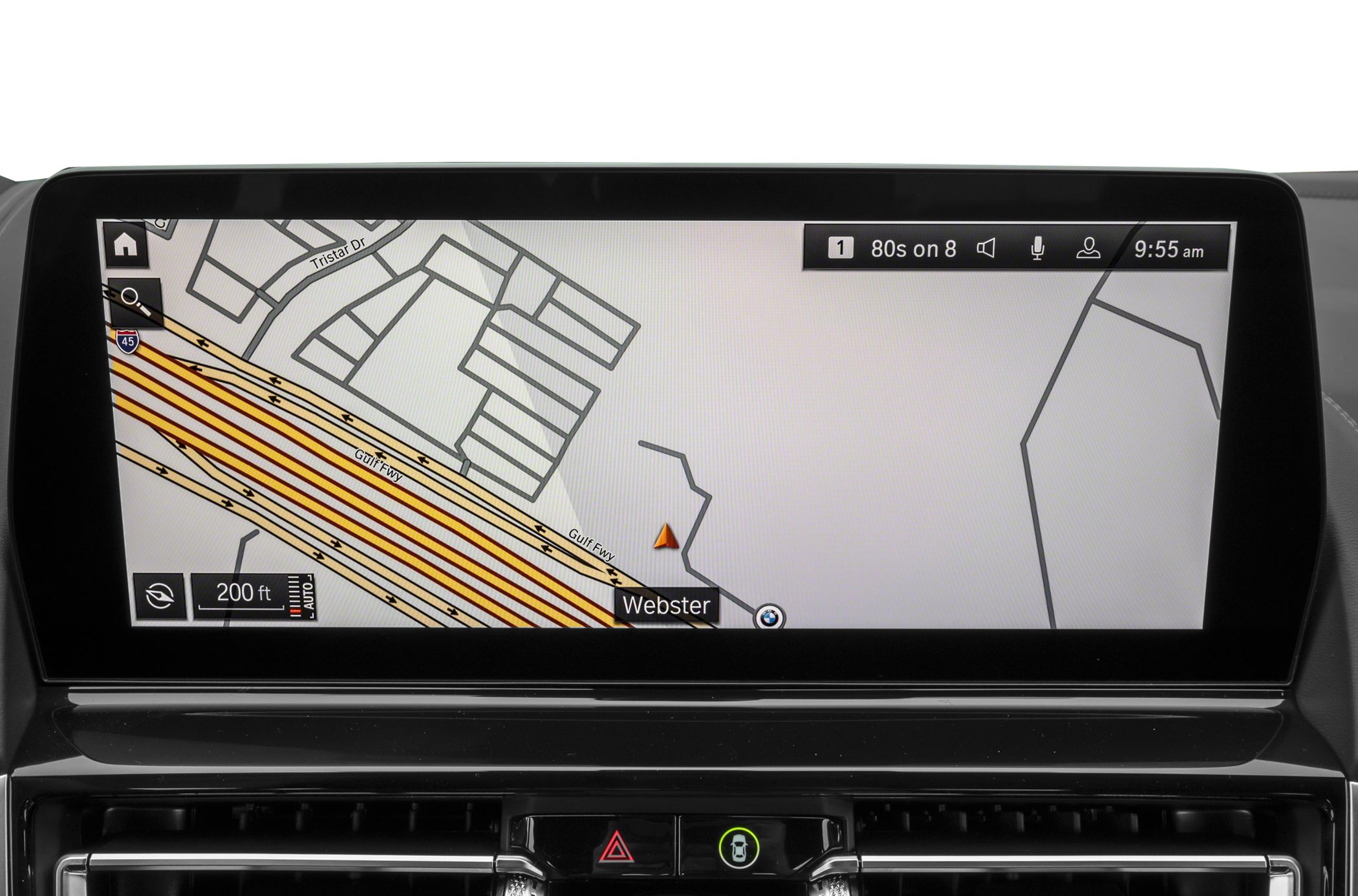 In-car navigation display showing map and route information.