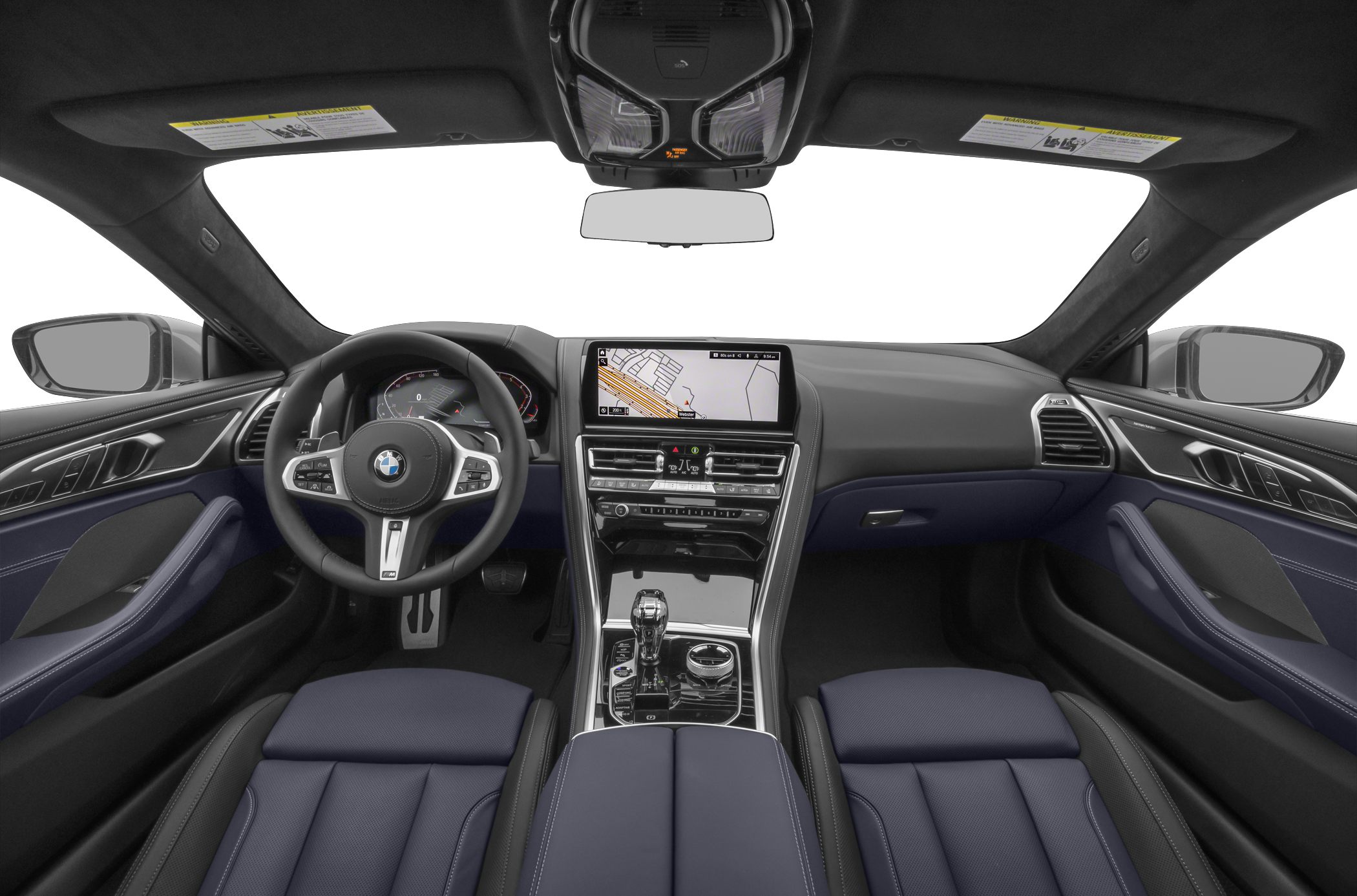 Luxury car interior with dashboard and digital navigation display