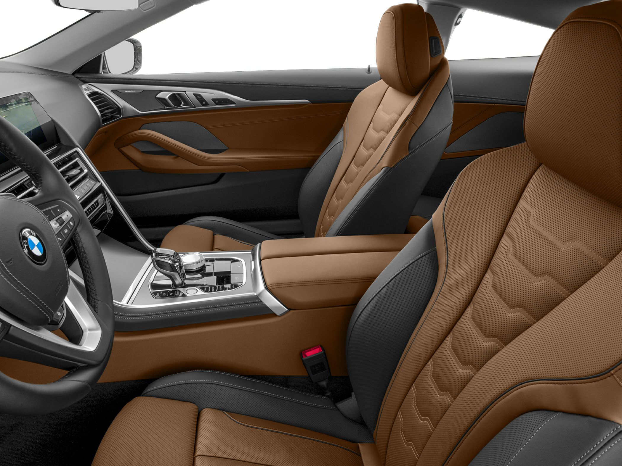Luxury brown and black leather seats with modern dashboard and controls