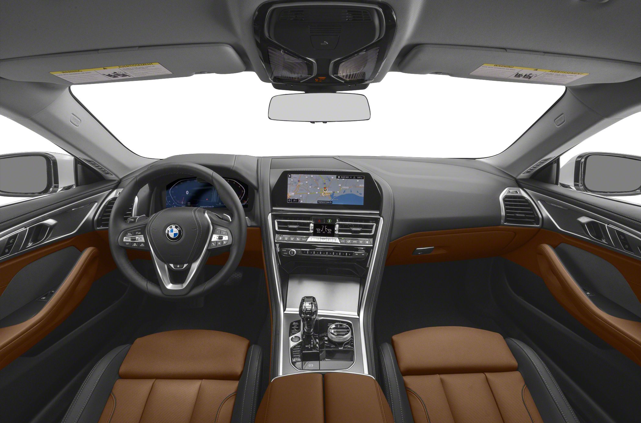 Luxurious dashboard with navigation screen and brown leather seats