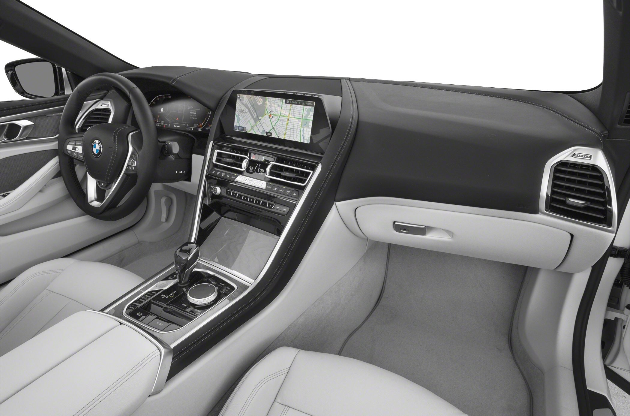 Dashboard, navigation screen, steering wheel, gear selector, leather interior
