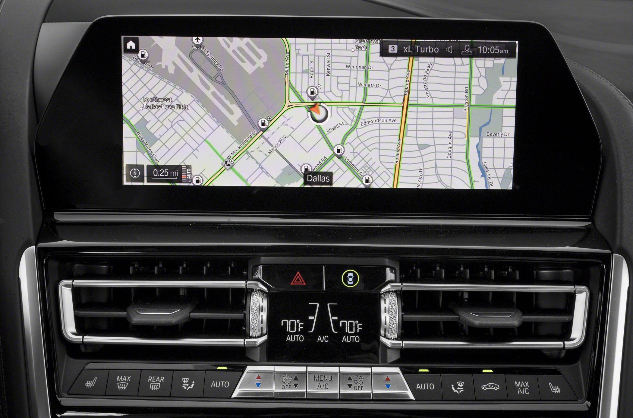 Infotainment screen with navigation and dual-zone climate control system
