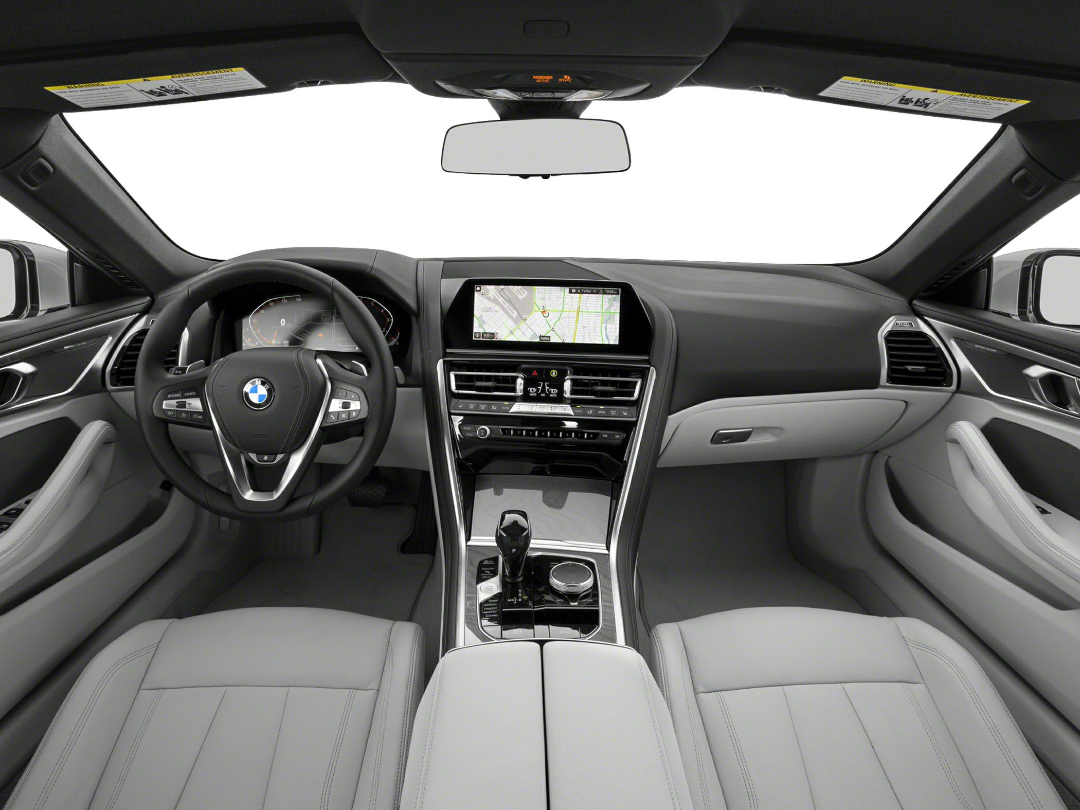 Dashboard and navigation display with steering wheel in luxury convertible interior