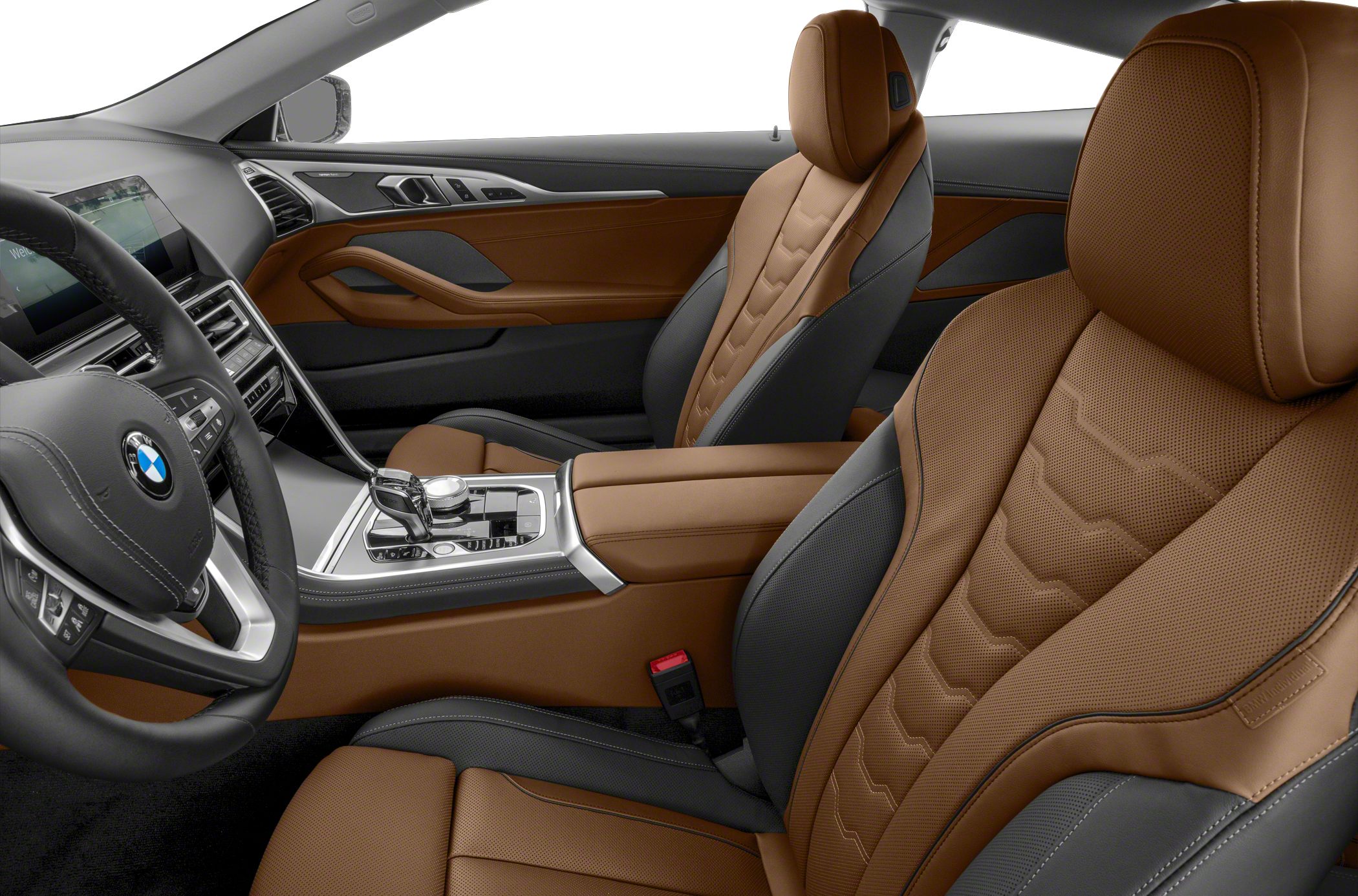 Brown and black leather seats with modern dashboard
