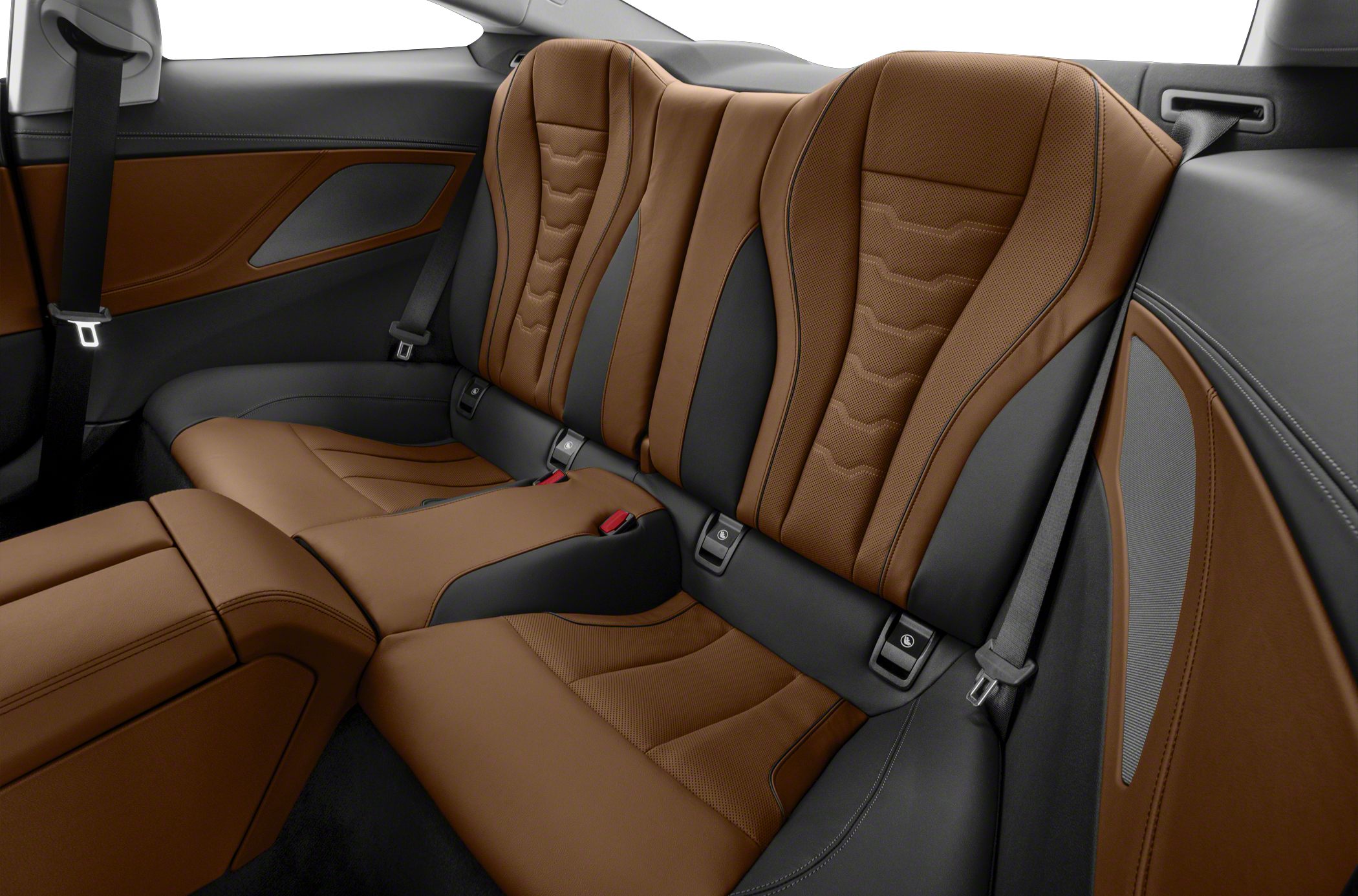 Brown perforated leather rear seats with detailed stitching and seat belts
