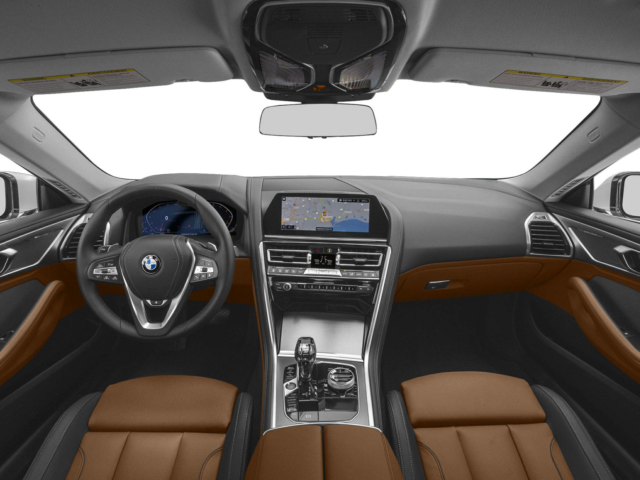 Luxury car interior with digital dashboard and brown leather seats