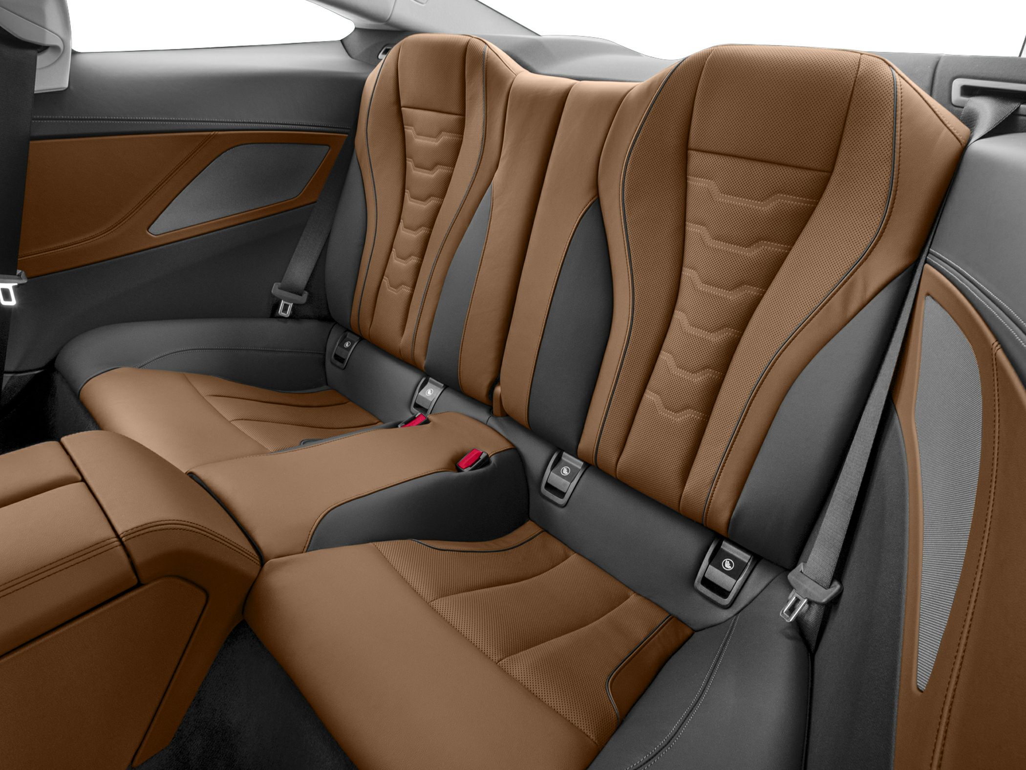 Rear two-tone leather seats with detailed stitching and integrated seat belts
