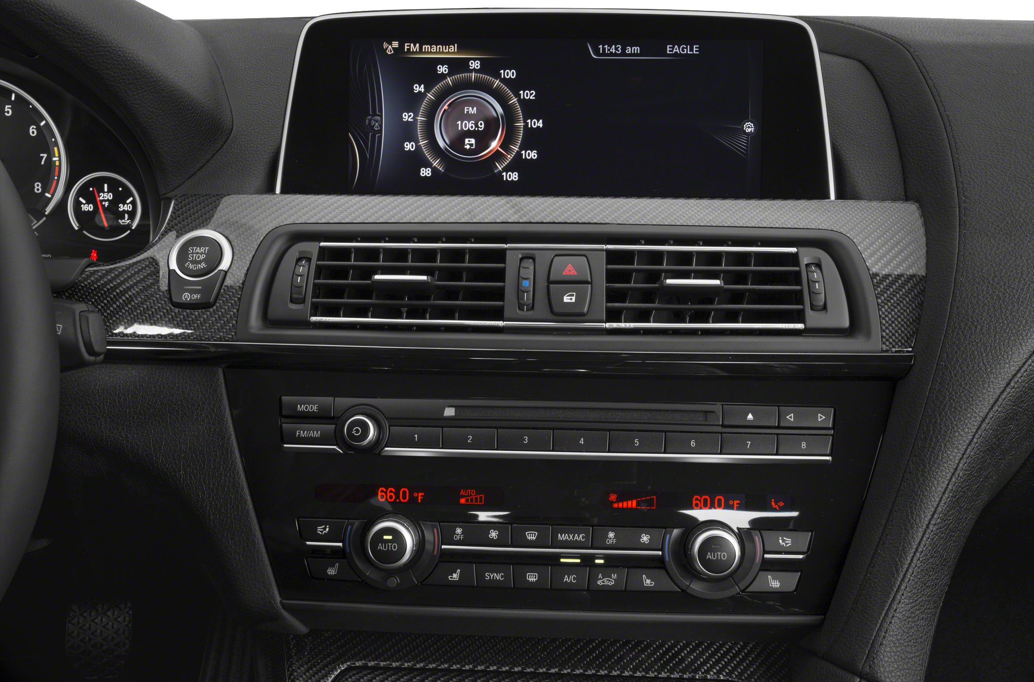 Digital dashboard display and carbon fiber trim with climate control