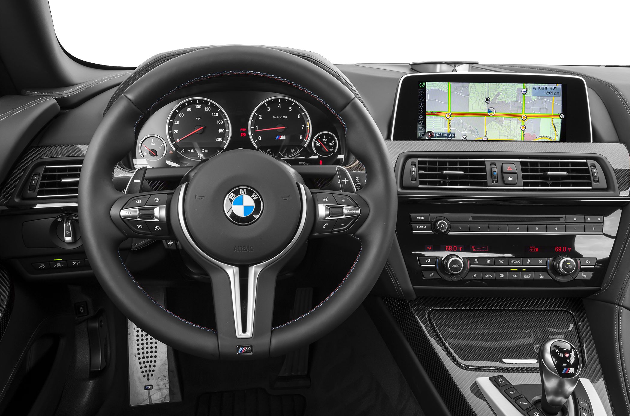 Steering wheel, dashboard with navigation screen and carbon fiber interior trim